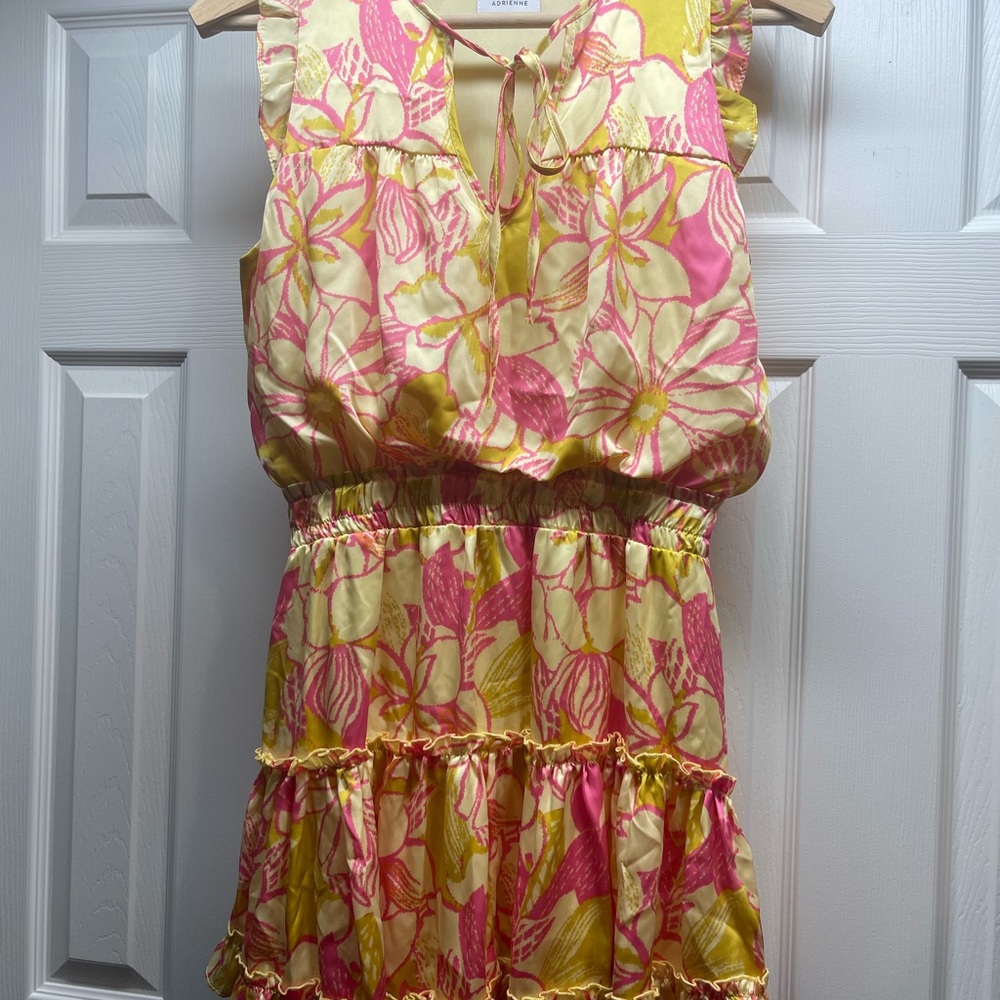 Adrienne Mini Dress Size Medium Pink & Yellow Floral Dress With Ruffles Lined.